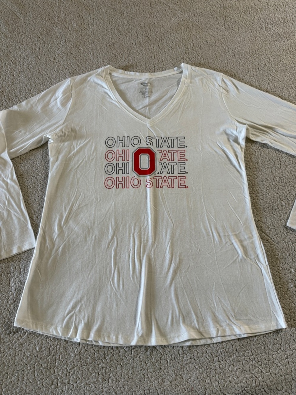 Ohio State Women's Long Sleeve V-Neck Tee - White with Red Logo XL